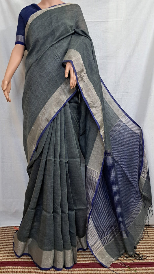 Handwoven Saree - Grey Linen & Jamdani