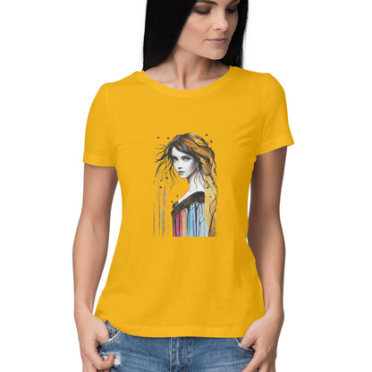 Women Round Neck T-Shirt - Girl Painting