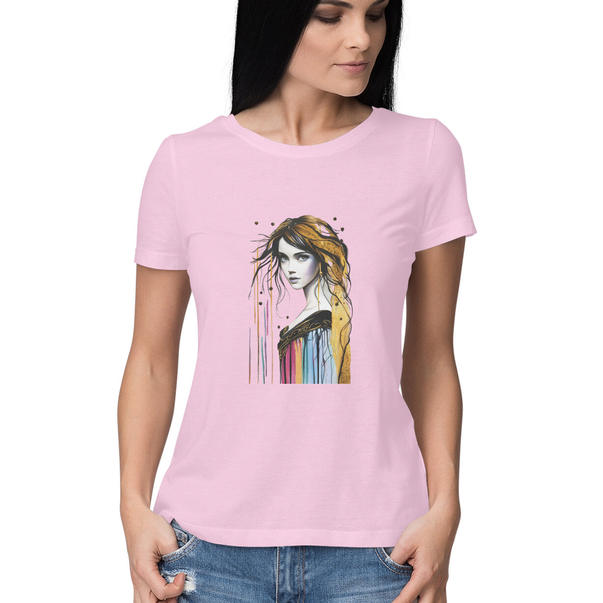 Women Round Neck T-Shirt - Girl Painting