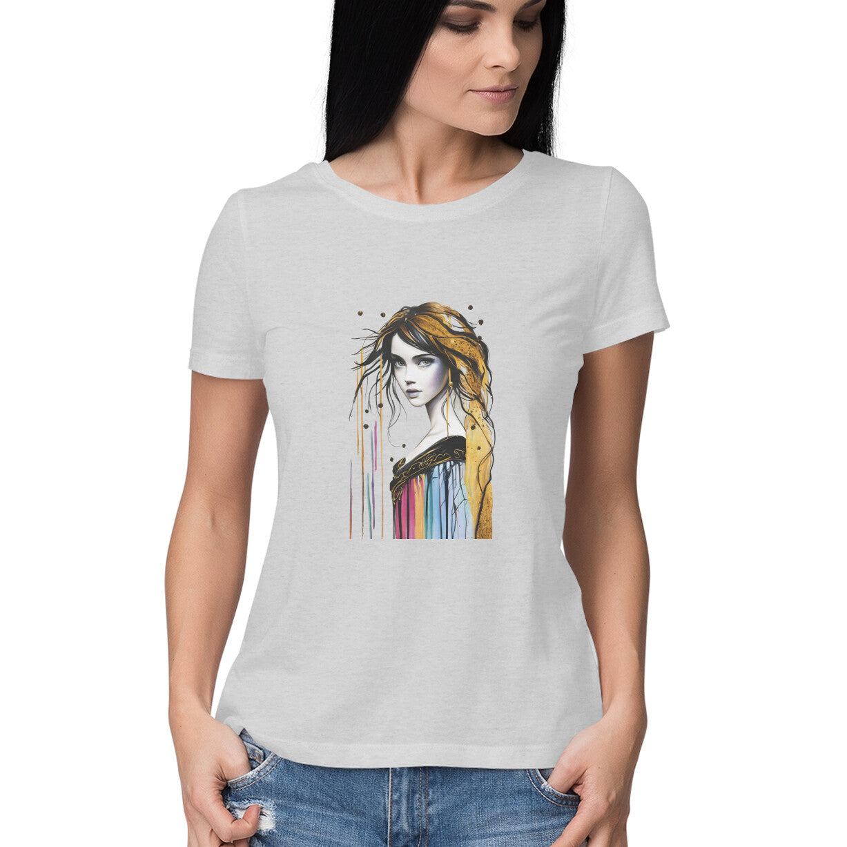 Women Round Neck T-Shirt - Girl Painting