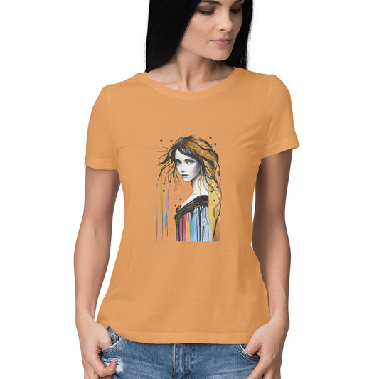 Women Round Neck T-Shirt - Girl Painting