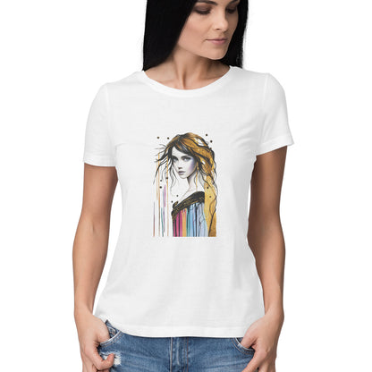 Women Round Neck T-Shirt - Girl Painting