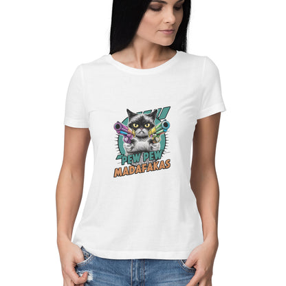 Women Round Neck T-Shirt - Pew Pew Cat