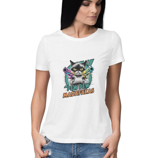 Women Round Neck T-Shirt - Pew Pew Cat