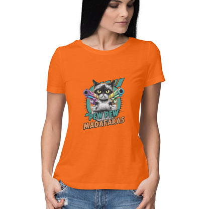 Women Round Neck T-Shirt - Pew Pew Cat