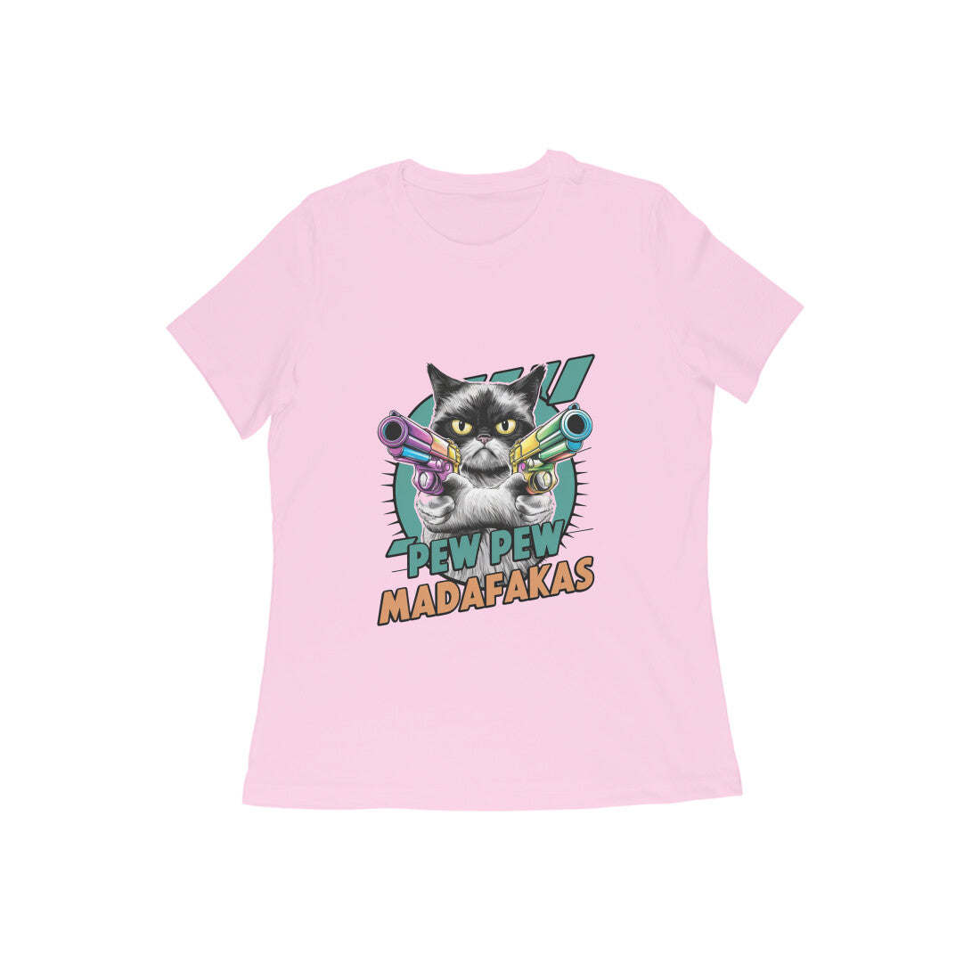 Women Round Neck T-Shirt - Pew Pew Cat