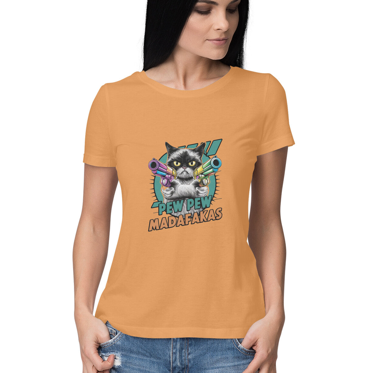 Women Round Neck T-Shirt - Pew Pew Cat