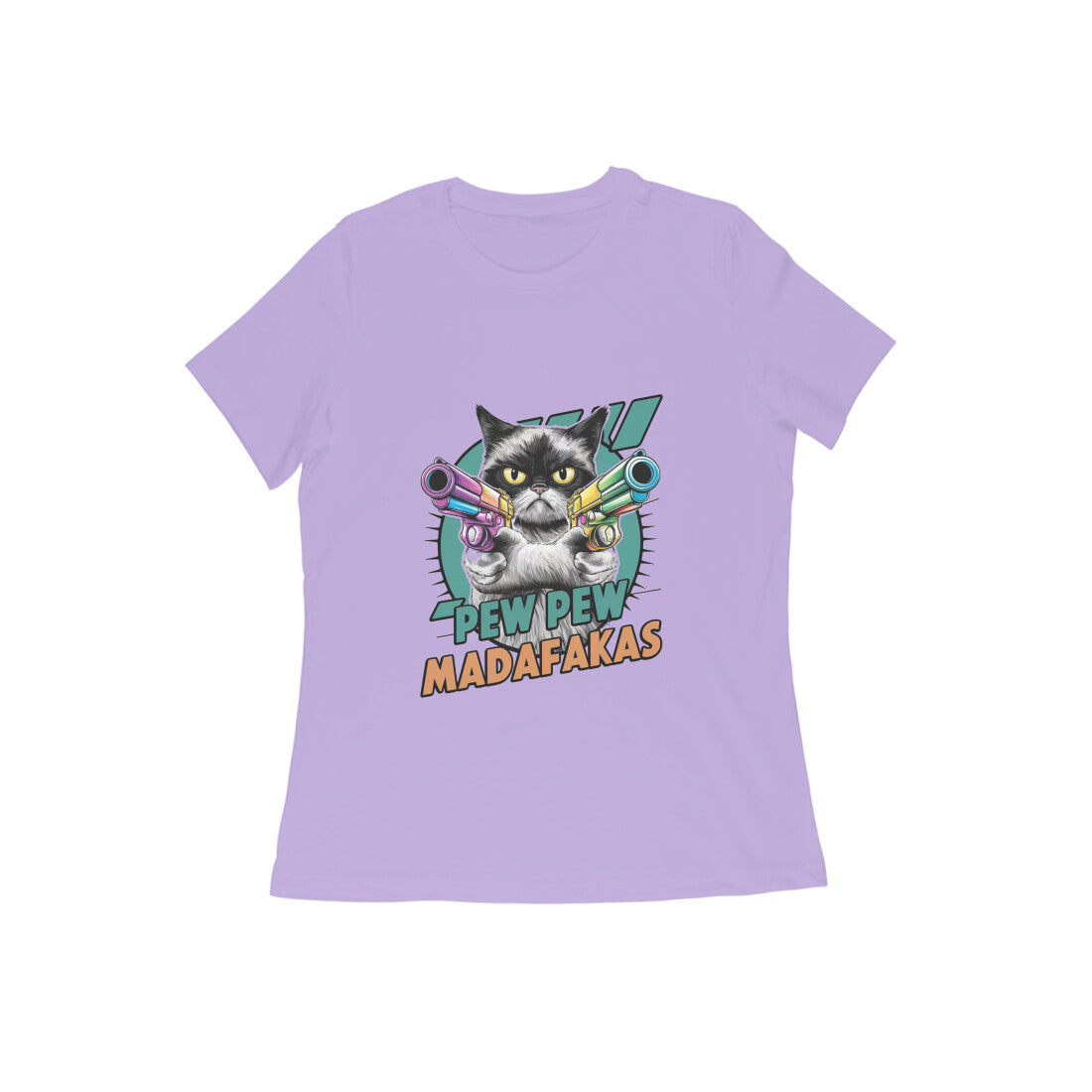 Women Round Neck T-Shirt - Pew Pew Cat