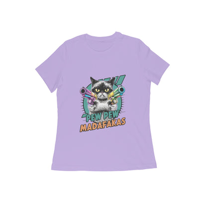 Women Round Neck T-Shirt - Pew Pew Cat