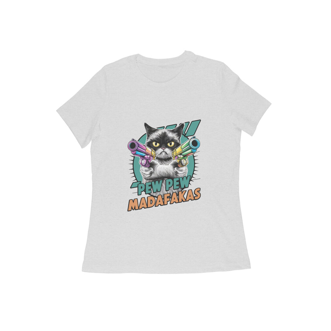 Women Round Neck T-Shirt - Pew Pew Cat